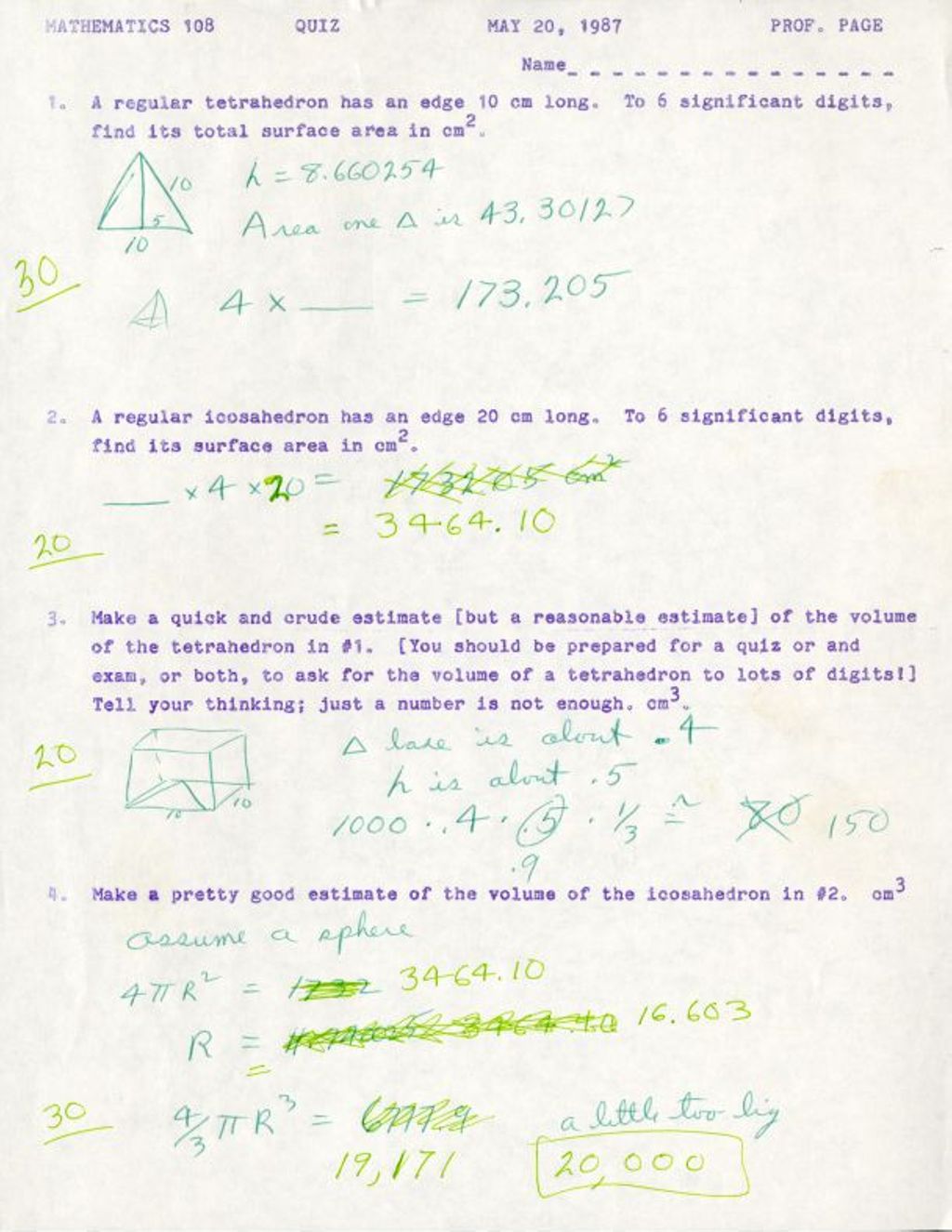 Miniature of Math 108 Quiz (1987) A regular tetrahedron