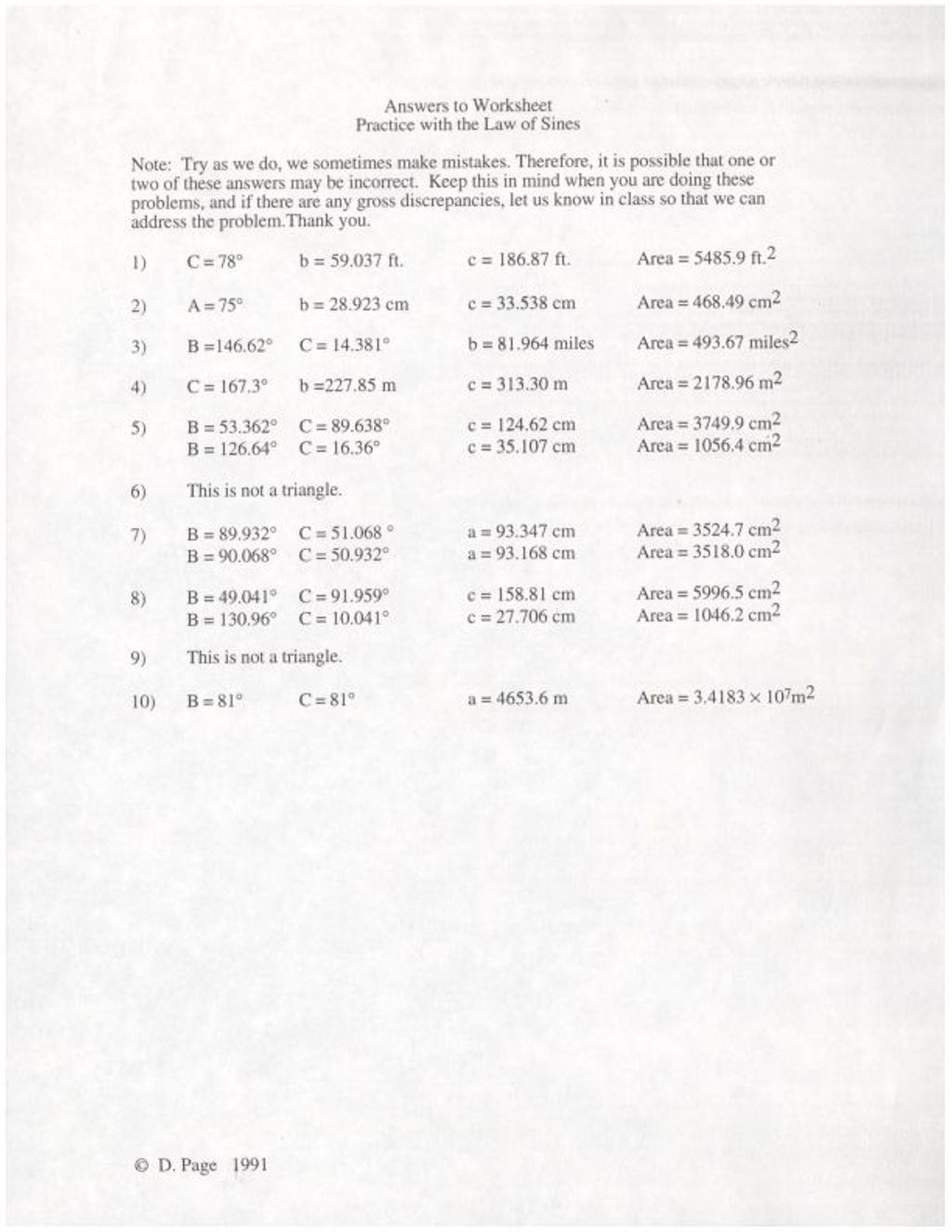 Answers to the Worksheet Practice with the Law of Sines (1991)