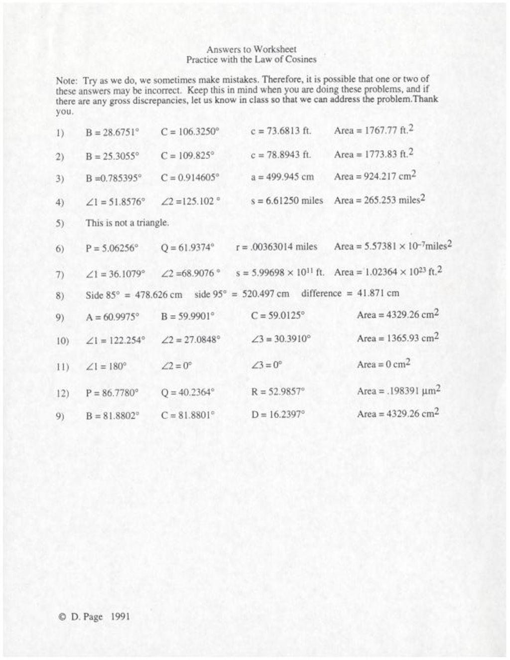 Miniature of Answers to Worksheet Practice with the Law of Cosines (1991)