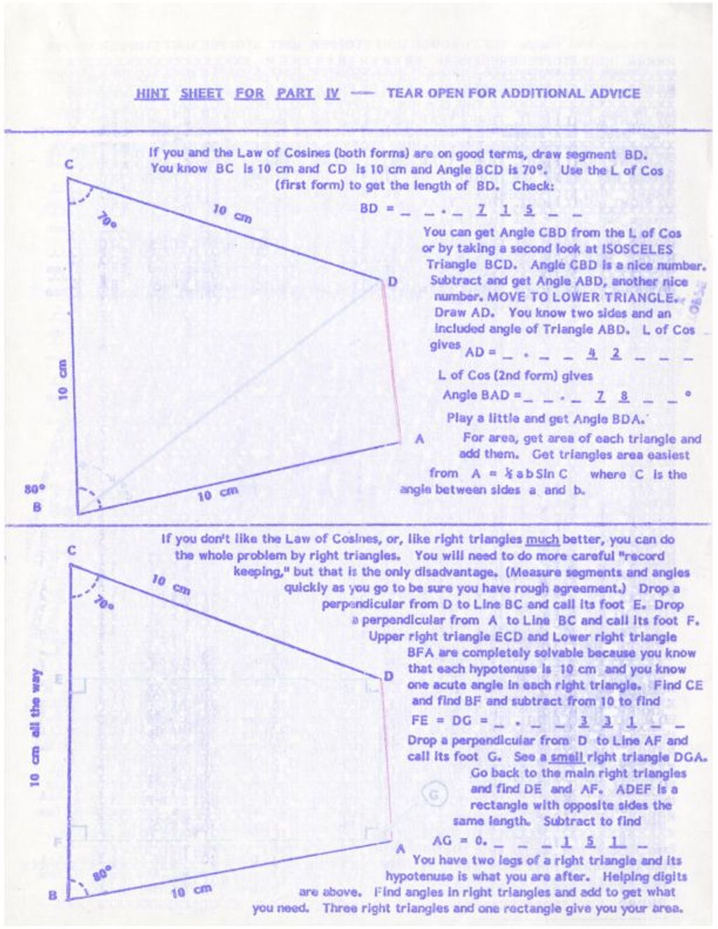 Miniature of Hint Sheet for Part IV (law of Cosine problem (trapezoid) (Nice example of a hint with some work)
