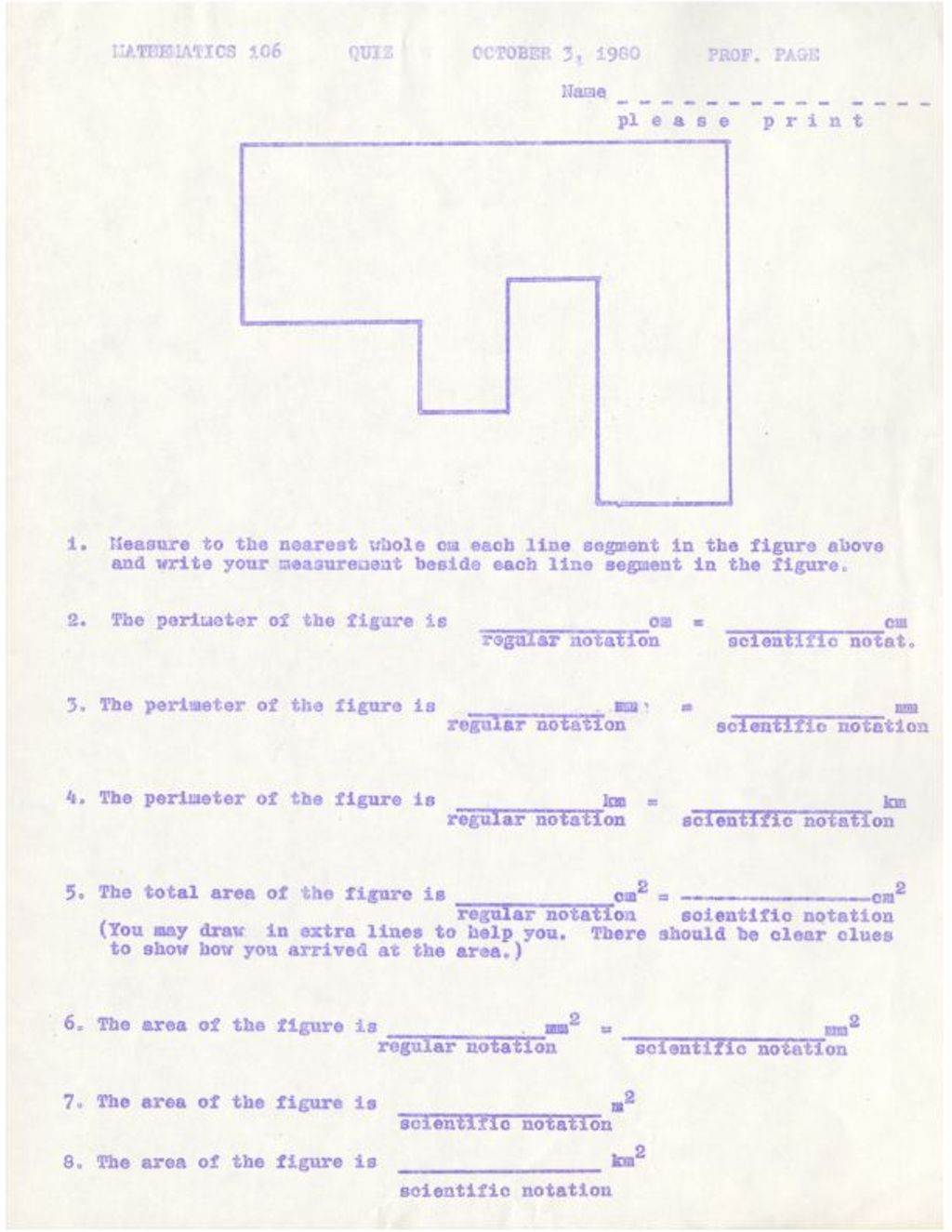 Miniature of Math 106 Quiz (1980) area and perimeter of irregular shapes