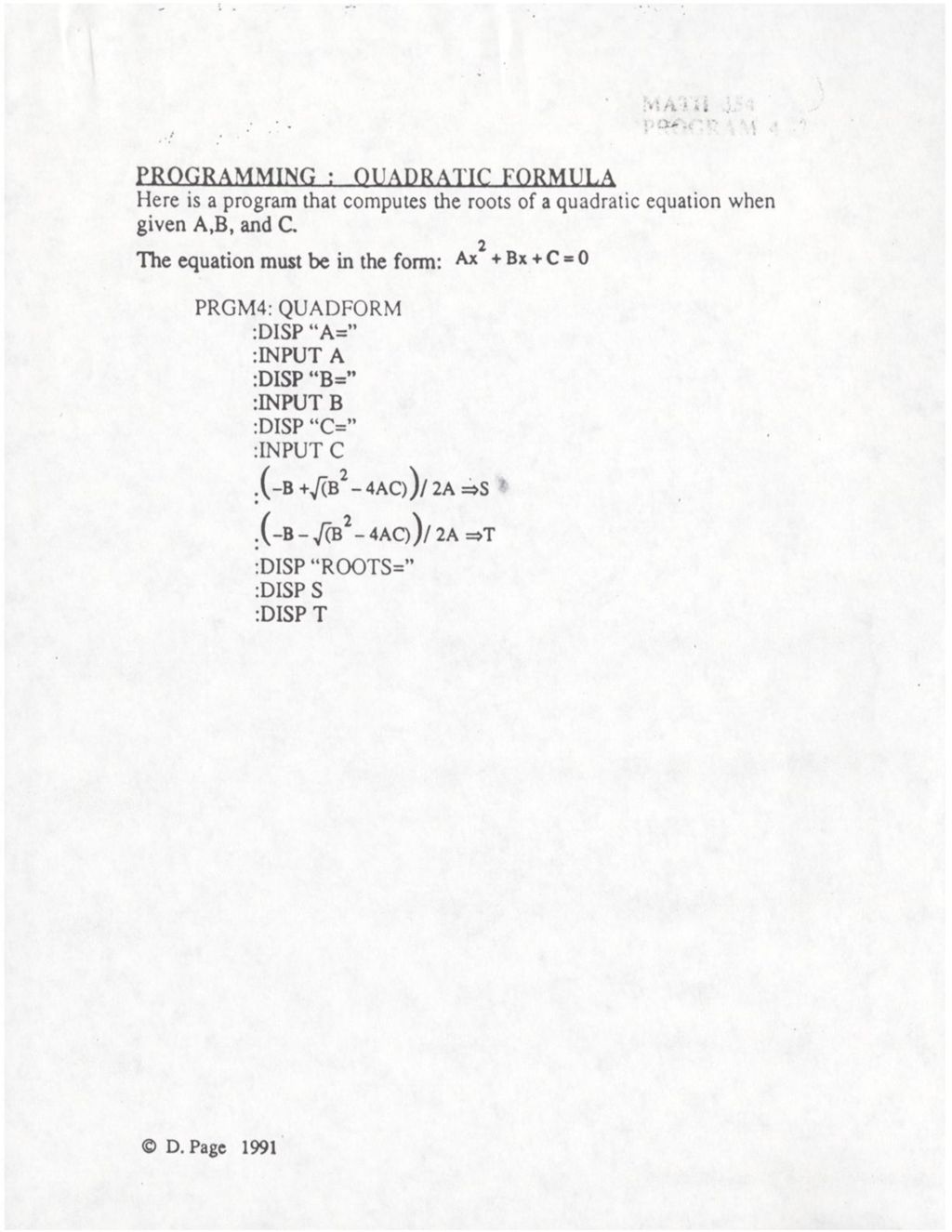 Programming: Quadratic Formula w/ Page note about a new version of the same program for TI-81 calculator