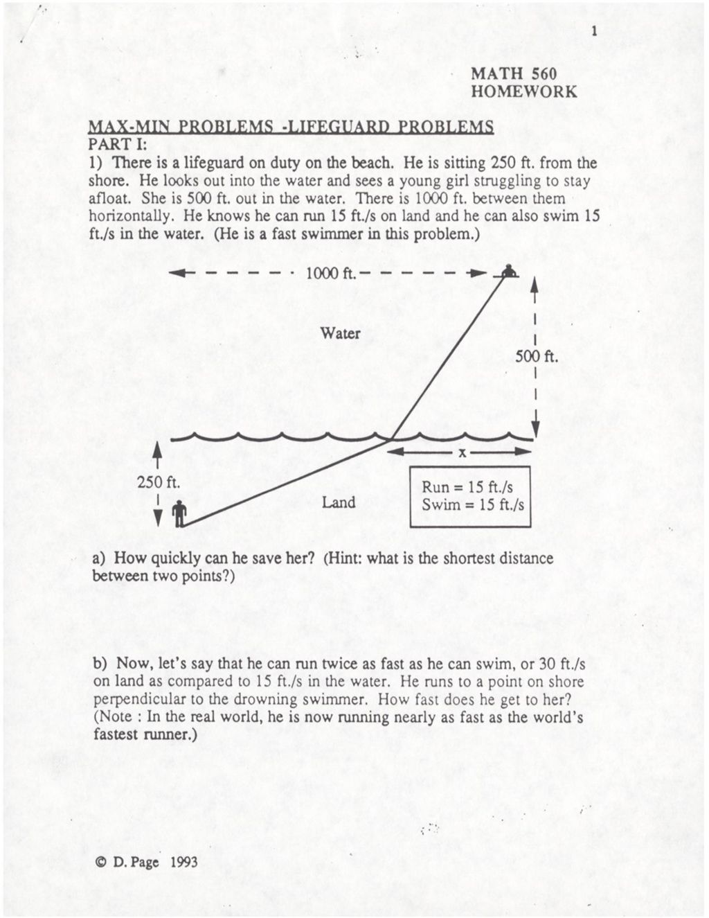 Math 560 Homework Max-Min Problems- LifeGuard Problems (1993) w/ AK