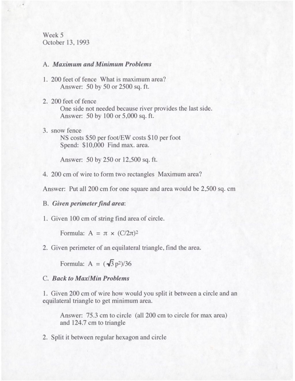 Miniature of Week 5 1993 Maximum and Minimum Problems w/ answers