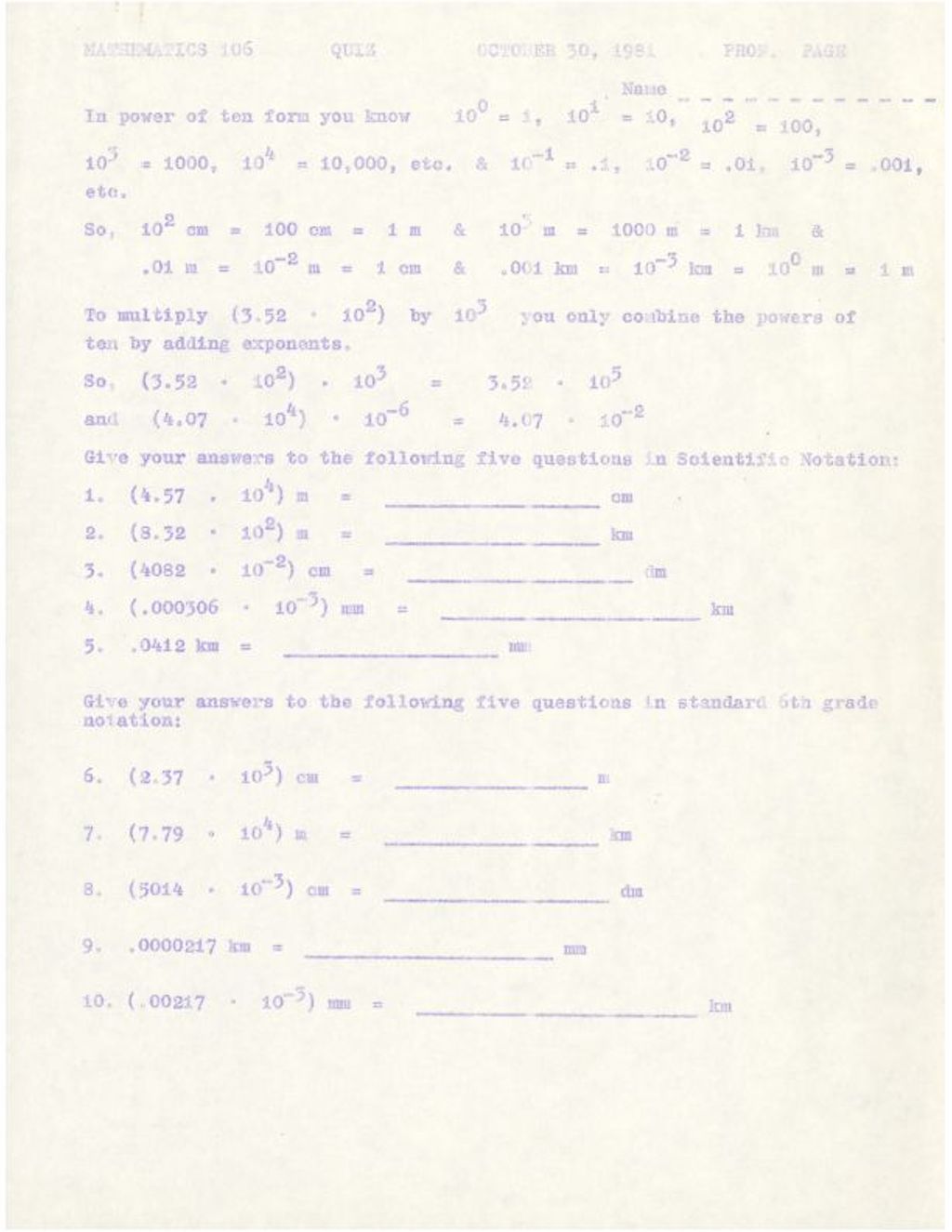 Miniature of Math 106 Quiz (scientific notation) Oct. 1981