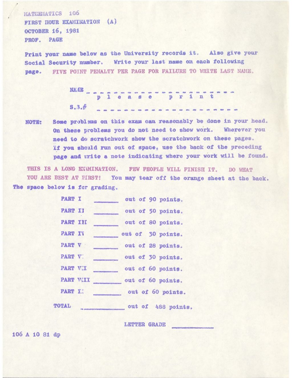 Miniature of Math 106 First Hour Examination Oct. 16 1981