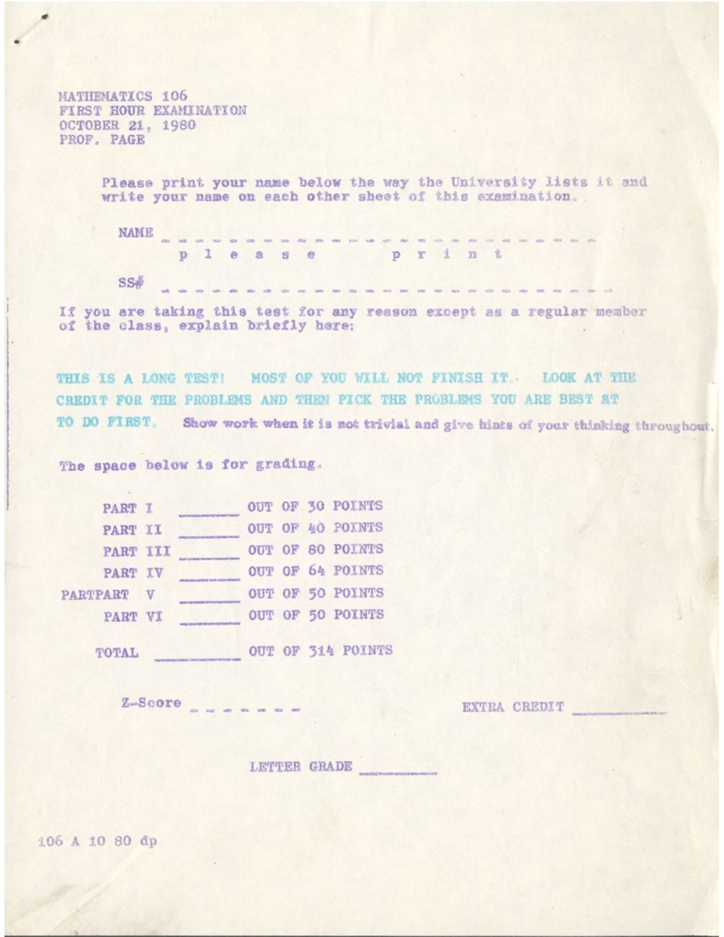 Miniature of Math 106 First Hour Examination Oct. 21, 1980