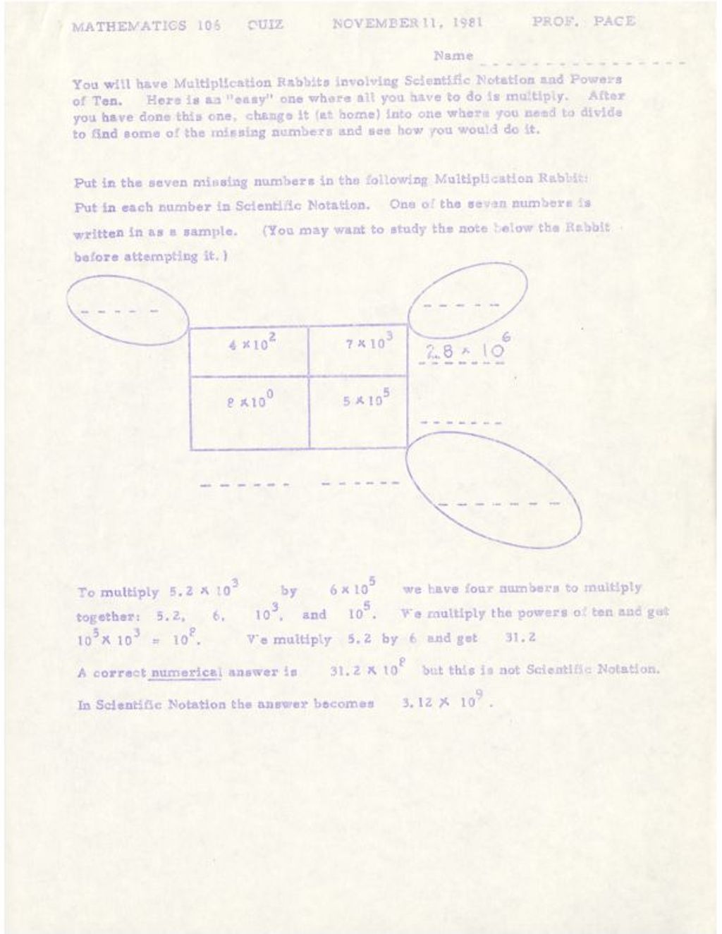Miniature of Mathematics106 Quiz Nov. 11, 1981 (multiplication rabbits)