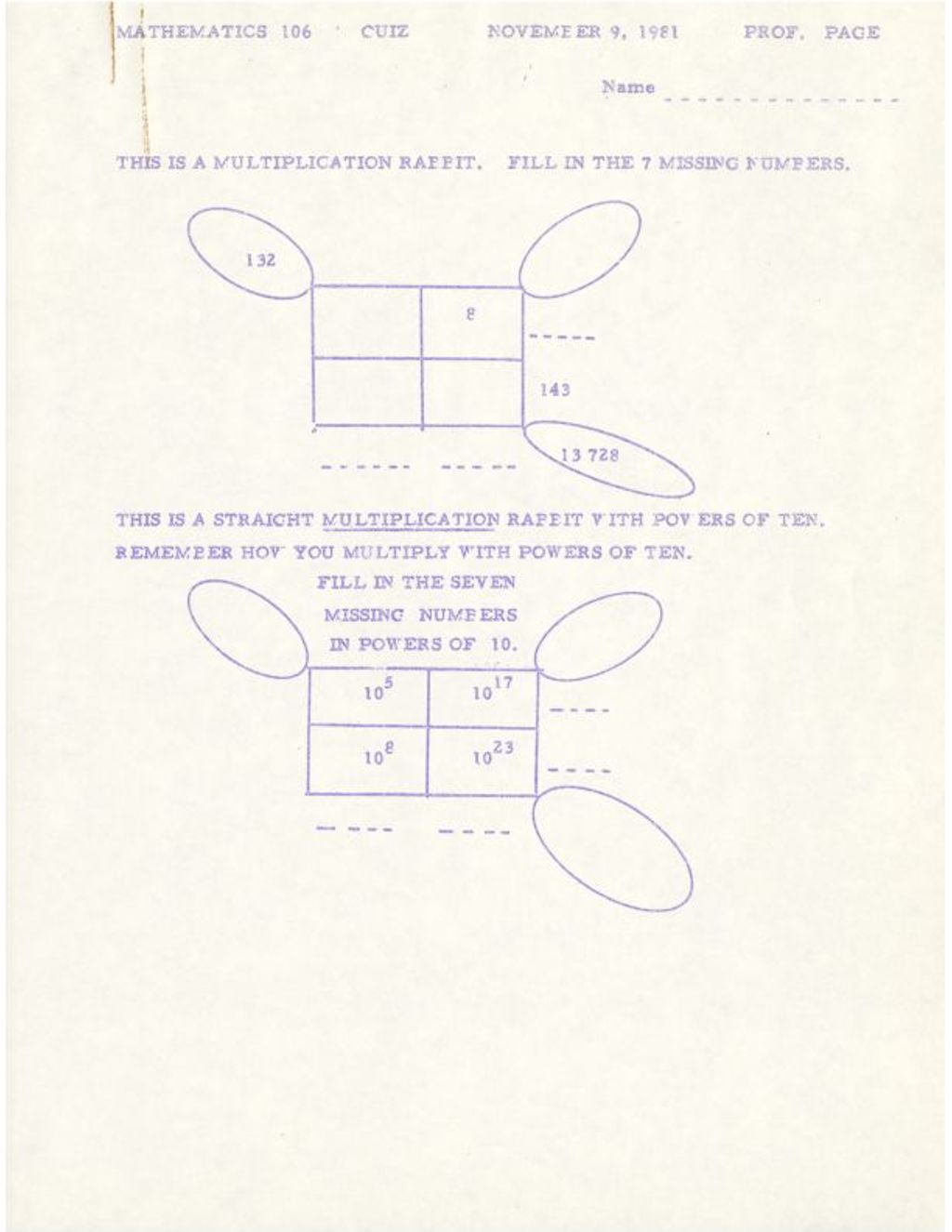 Math 106 Quiz (multiplication rabbit) November 9, 1981