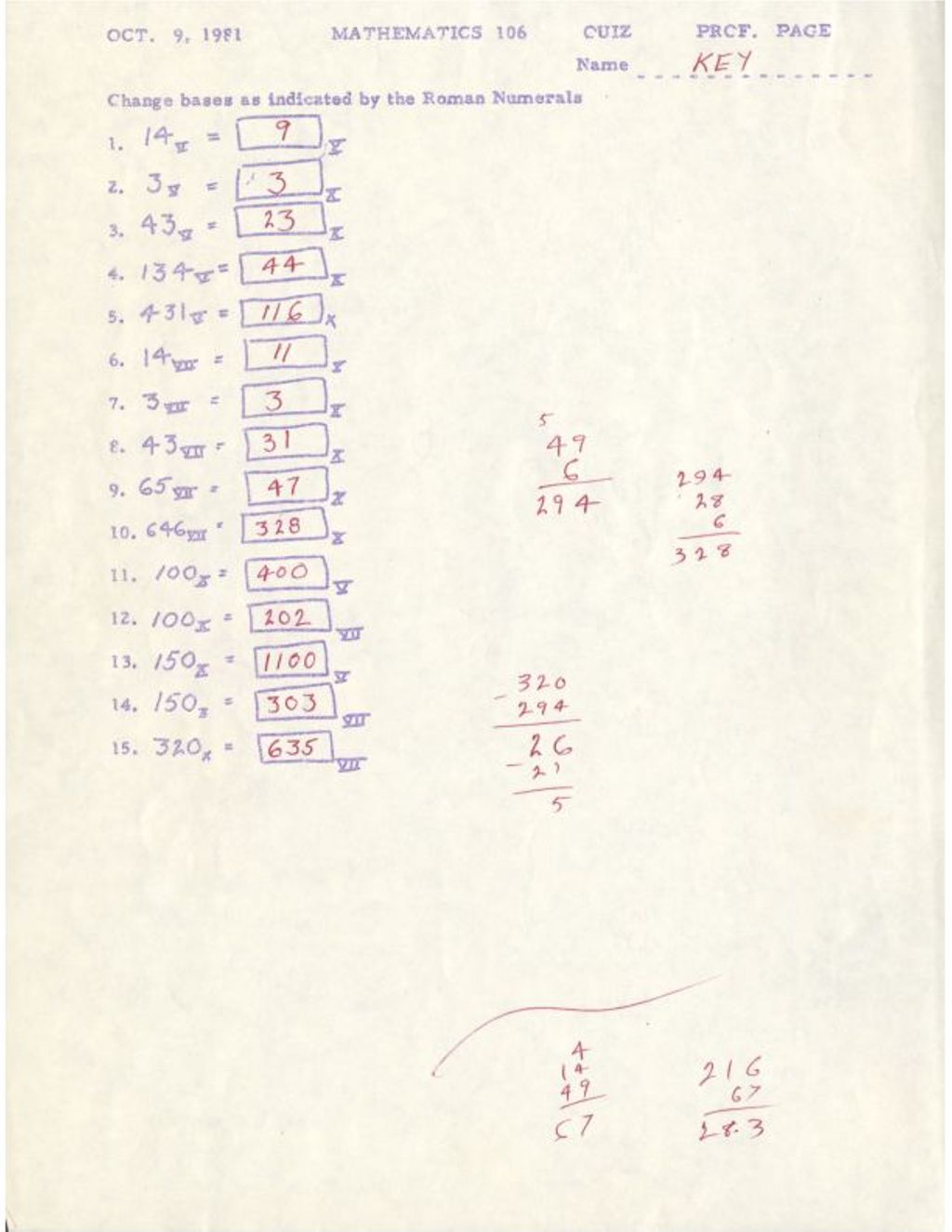 Miniature of Mathematics 106 Quiz Oct. 9, 1981 w/ AK(base)