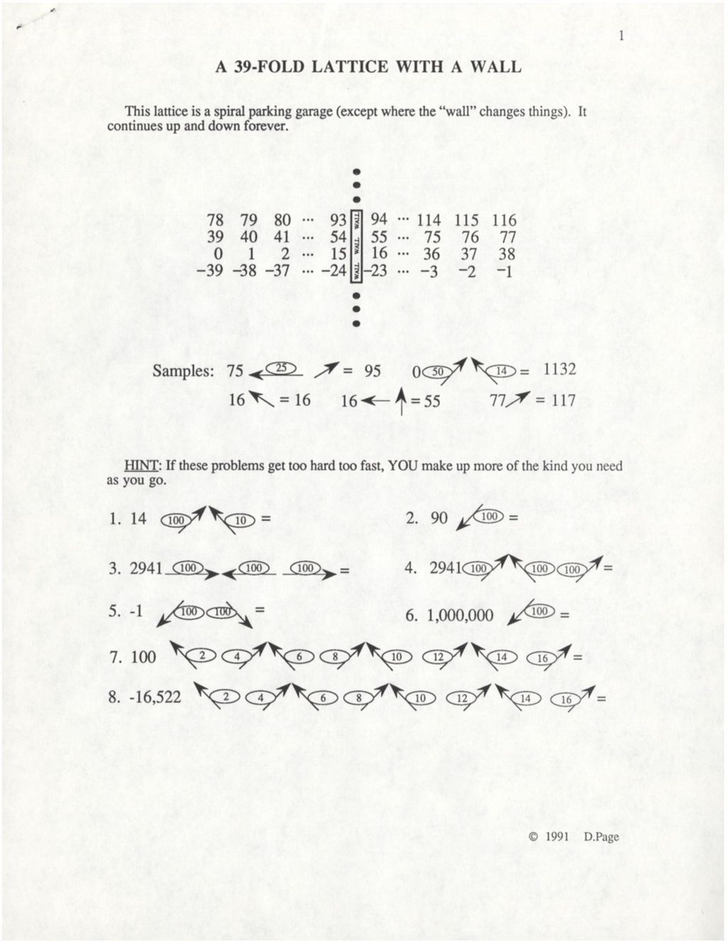 A 39-Fold Lattice with a Wall (lattice, examples, and problems, Answer Key) (1991)