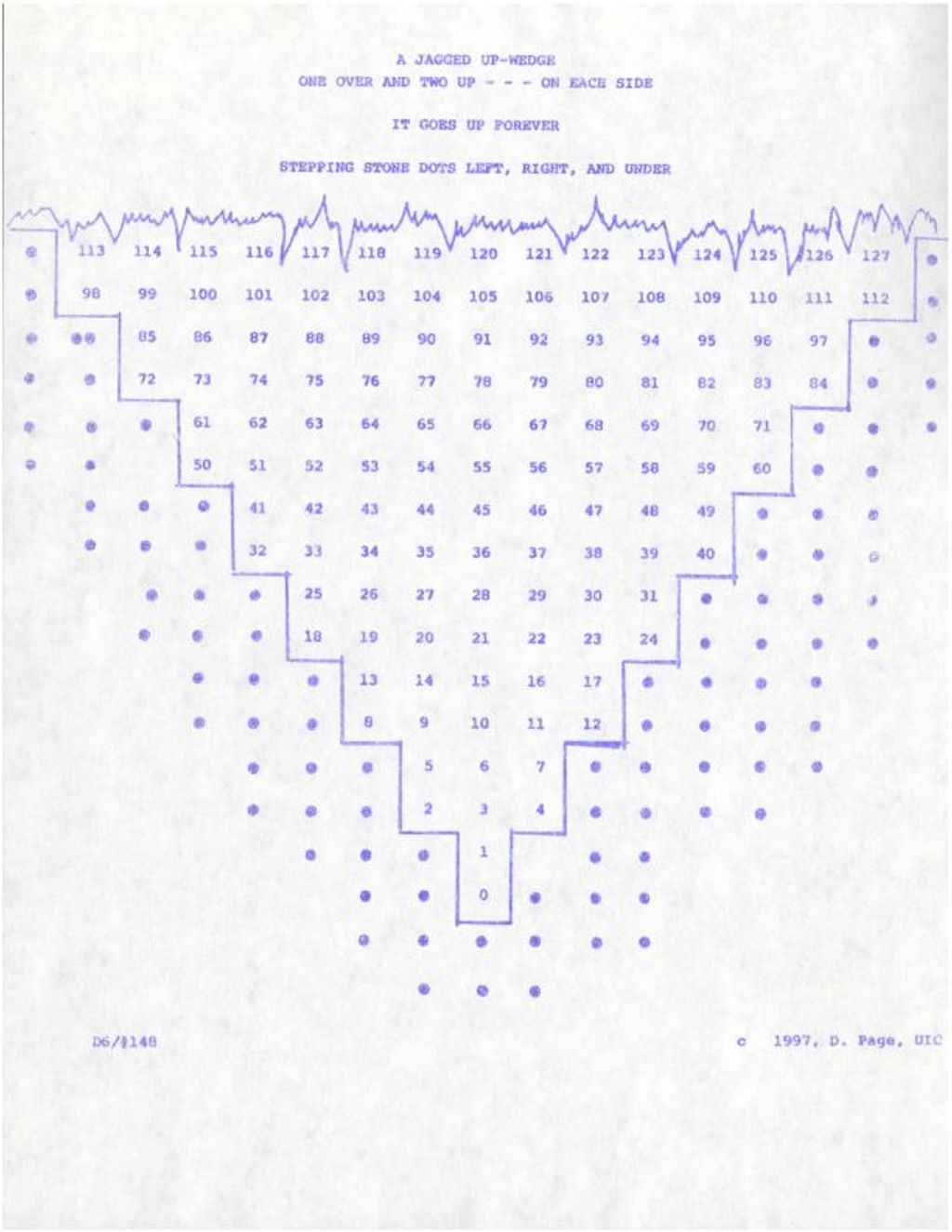 Miniature of A Jagged Up-Wedge One Over and Two Up---On Each Side It Goes Up Forever; Stepping Stone Dots Left, Right, and Under (lattice only) (1997)