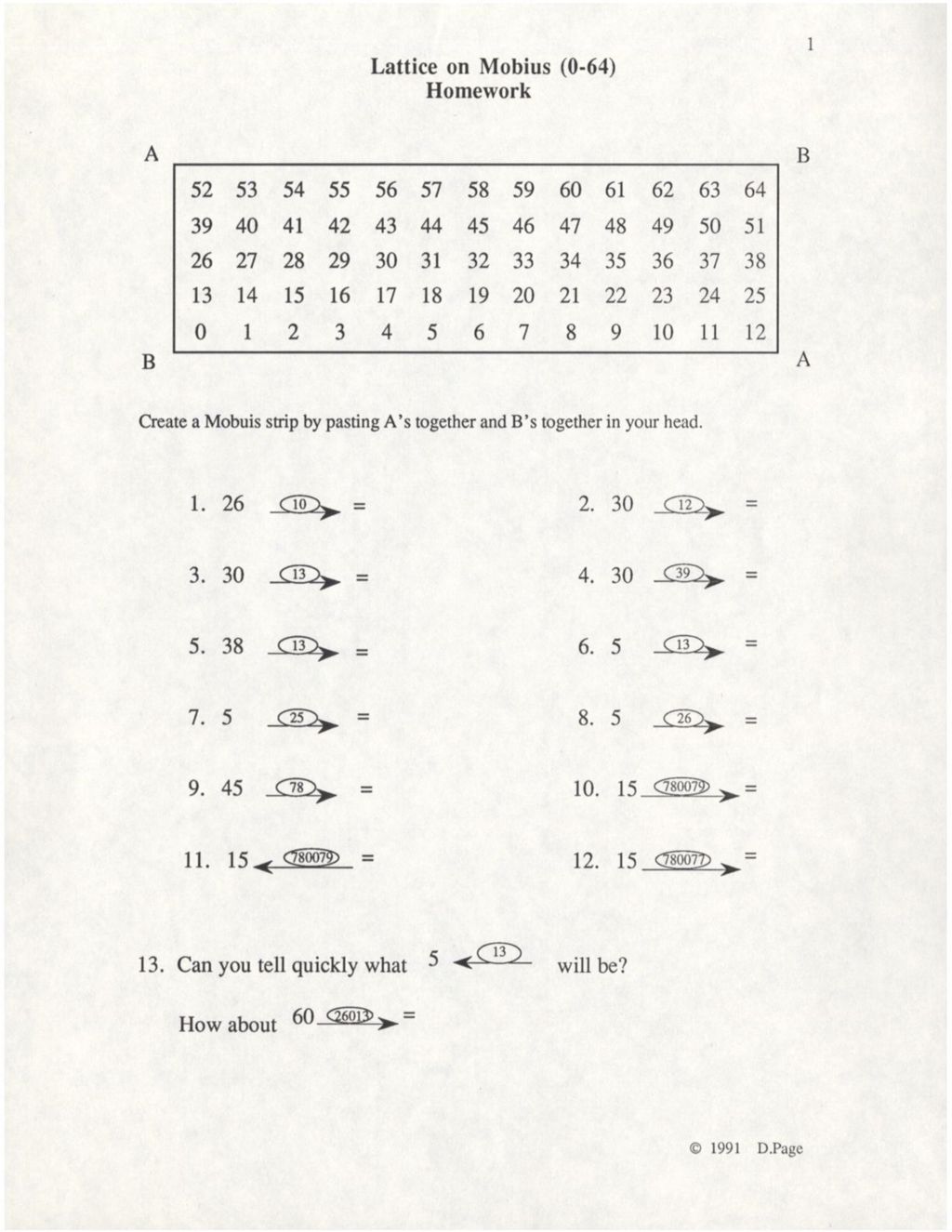 Miniature of Lattice on Mobius (0-64) Homework w/ Answer Key (1991)