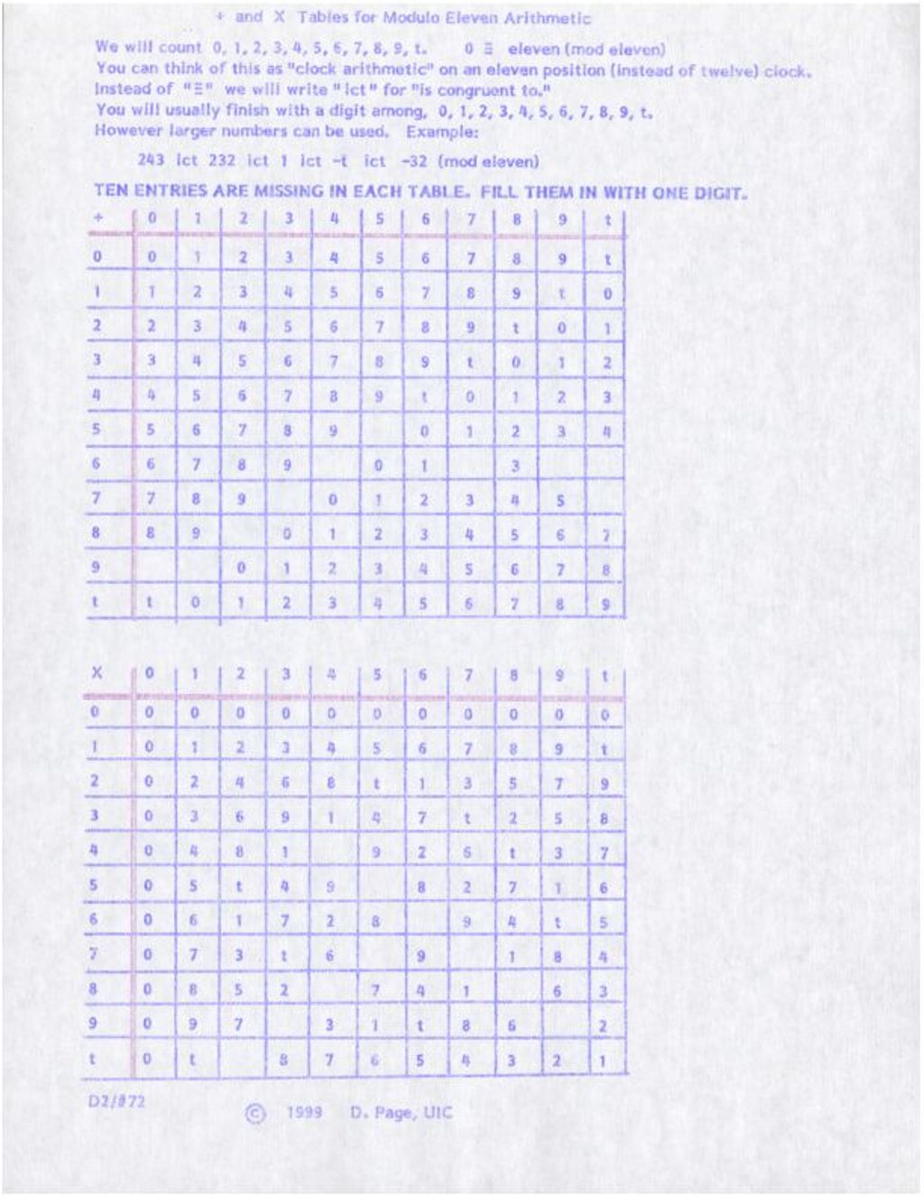 "=+ and X Tables for Modulo Eleven Arithmetic (1999)"