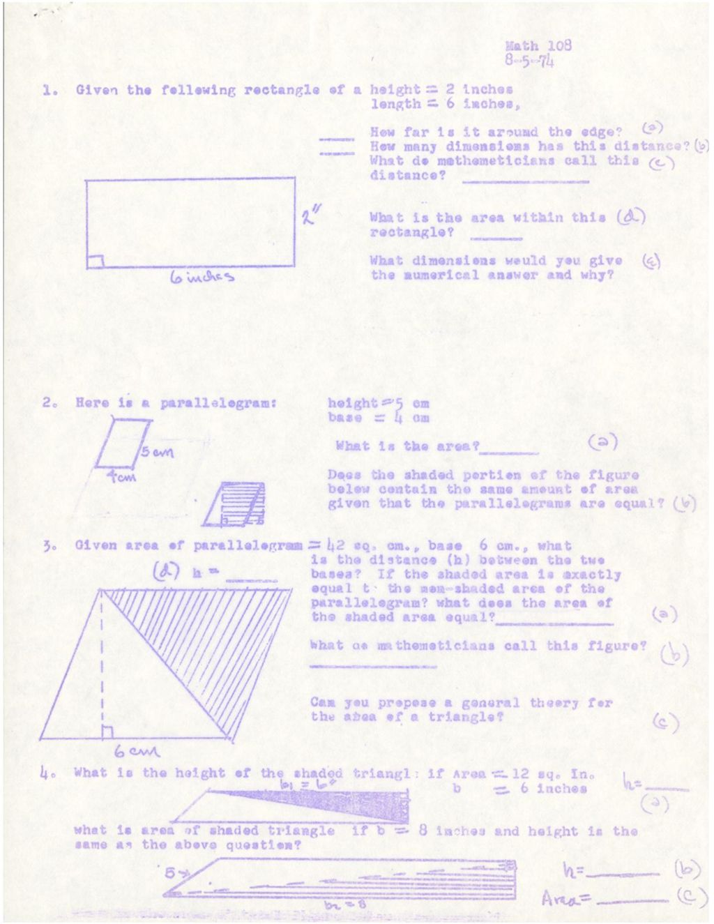 Miniature of Problems with rectangles, trapezoids, etc. Math 108 8-5-1974