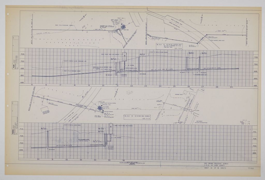 Miniature of Ned Brown Preserve--Sanitary Sewers for Toilet Stations, scale: plan, 1 in. = 50 ft, horz. 1 in. = 50 ft, vert. 1 in. = 5 ft