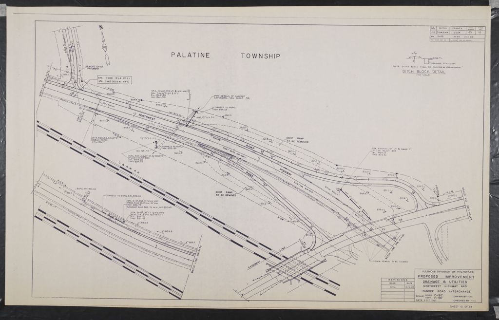 Miniature of Northwest Highway and Dundee Road Interchange; Ramps Reconstruction;State of Illinois Department of Public works and Buildings Division of Highways Plans for Proposed Federal Aid Highway, scale:Horiz. 1 in. = 50 ft; Vert. 1 in. = 50 ft