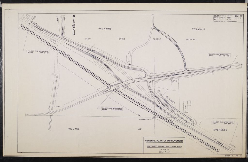 Miniature of Northwest Highway and Dundee Road Interchange; Ramps Reconstruction;State of Illinois Department of Public works and Buildings Division of Highways Plans for Proposed Federal Aid Highway, scale:1 in. = 100 ft