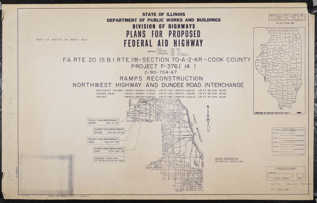 Miniature of Northwest Highway and Dundee Road Interchange; Ramps Reconstruction;State of Illinois Department of Public works and Buildings Division of Highways Plans for Proposed Federal Aid Highway, scales:Plan:1 " = 50 ft; Profile Hor.:1 in. = 50 ft; Profile Vert.:1 in. = 5 ft; Cross-Sections:1 " = 5 ft vertical and 1 " = 10 ft horizontal