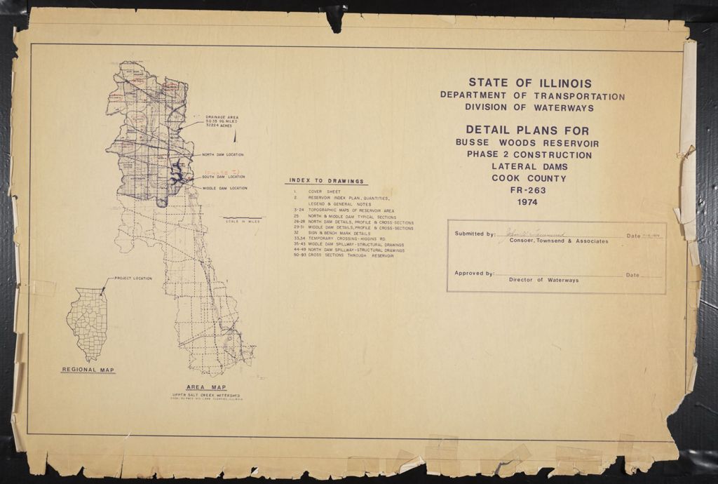 Miniature of State of Illinois Department of Transportation Division of Waterways Detail Plans for Busse Woods Reservoir Phase 2 Construction Lateral Dams Cook County, scale 1 in. = 7920 ft [1.5 miles]