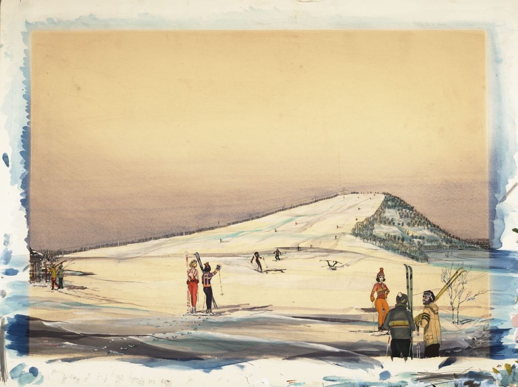 Miniature of People skiing; watercolor