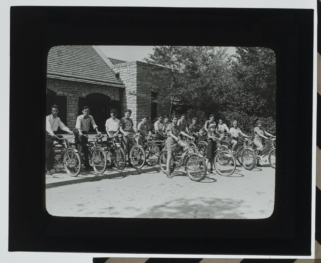 Group with bicycles at Thatcher Woods Forest Preserve, River Forest