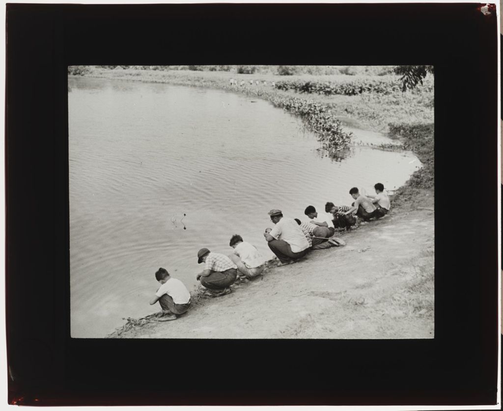 Miniature of Forest Preserve District Day Camp, Man and Boys Squatting Near Waters Edge