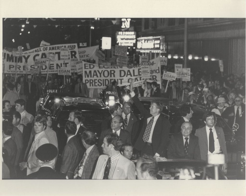 Adlai Stevenson III, Jimmy Carter, and Richard J. Daley in a torchlight parade