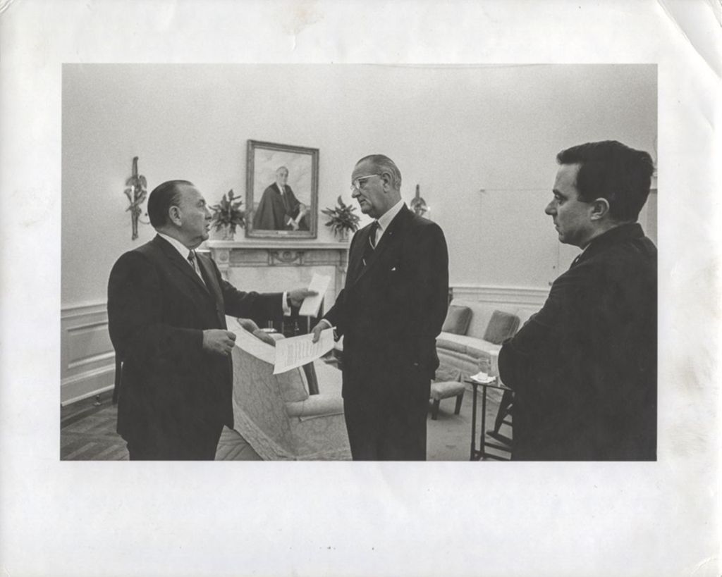 Miniature of Richard J. Daley speaking with Lyndon B. Johnson at the White House