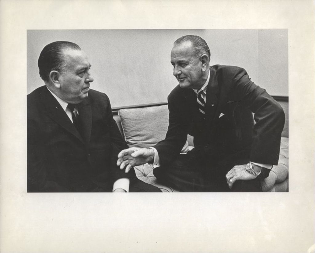 Miniature of Lyndon B. Johnson speaking with Richard J. Daley at the White House