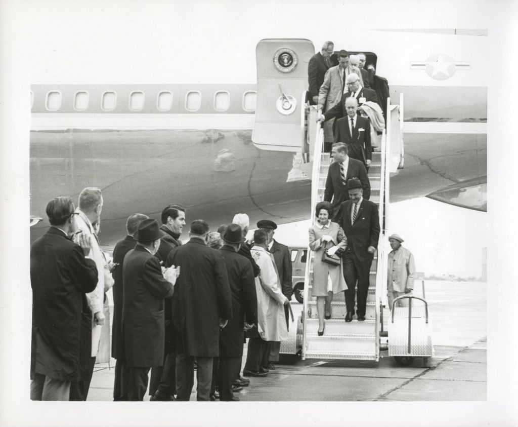 Miniature of Lyndon B. and Lady Bird Johnson greeted upon their arrival in Chicago