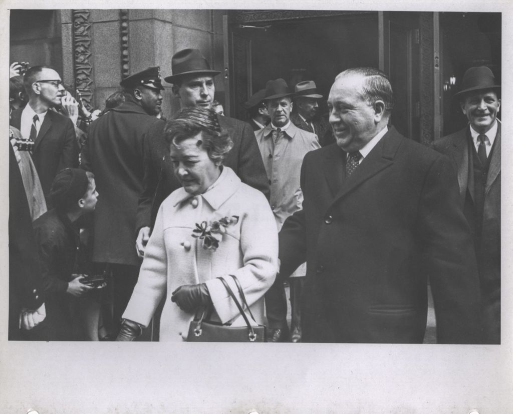 Miniature of Eleanor and Richard J. Daley leaving City Hall