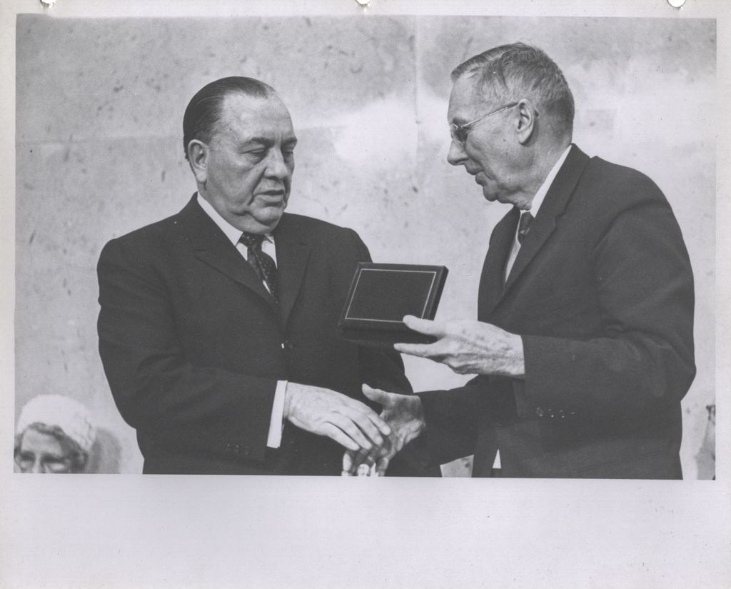 Miniature of Dr. Hugh Dryden accepting an award from Richard J. Daley