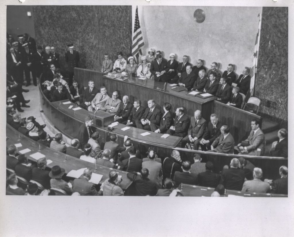 Otto Kerner addressing the Chicago City Council during astronauts' visit
