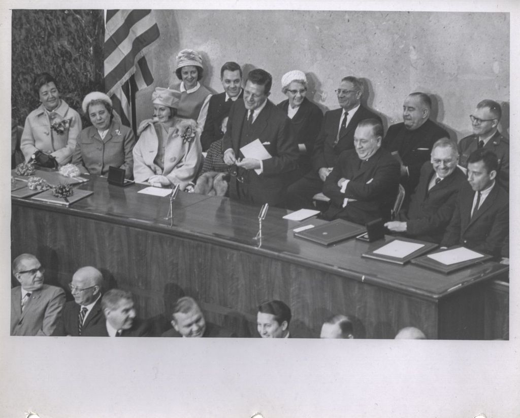 Otto Kerner addressing the Chicago City Council during astronauts' visit