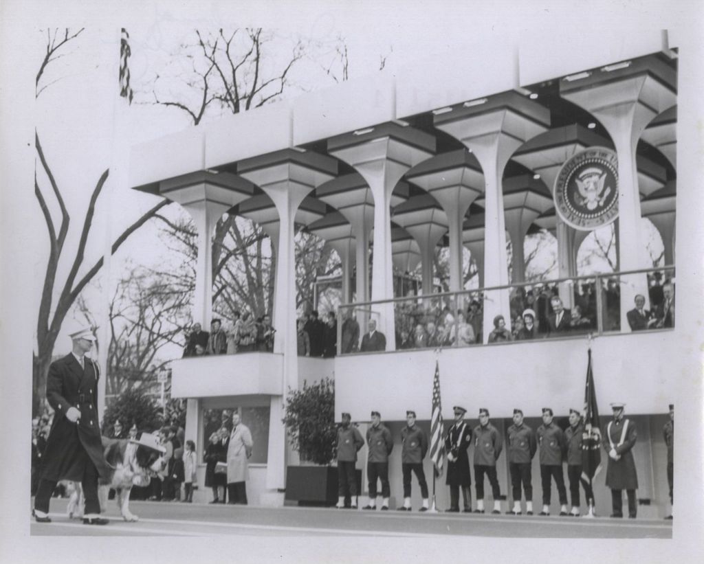 Presidential pavilion (reviewing stand) at parade for Lyndon B. Johnson's inauguration