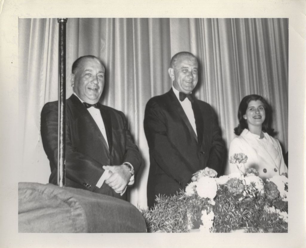 Miniature of Lyndon B. Johnson and daughter Luci with Richard J. Daley