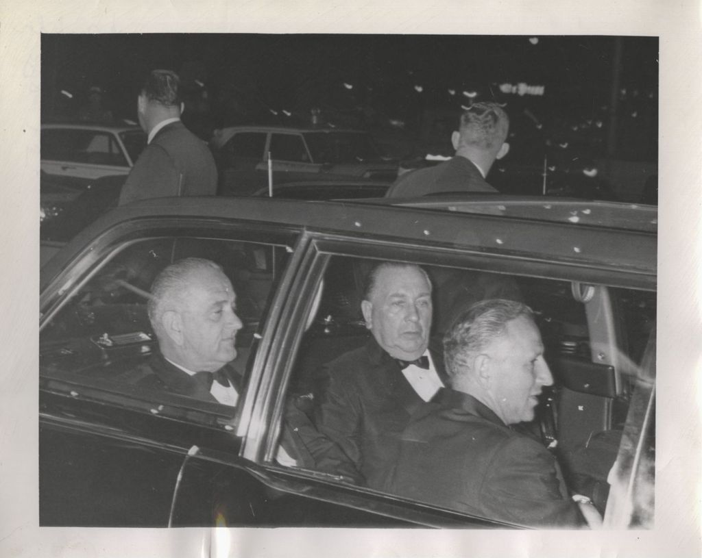 Miniature of Lyndon B. Johnson, Richard J. Daley, and Sidney Yates in a limousine