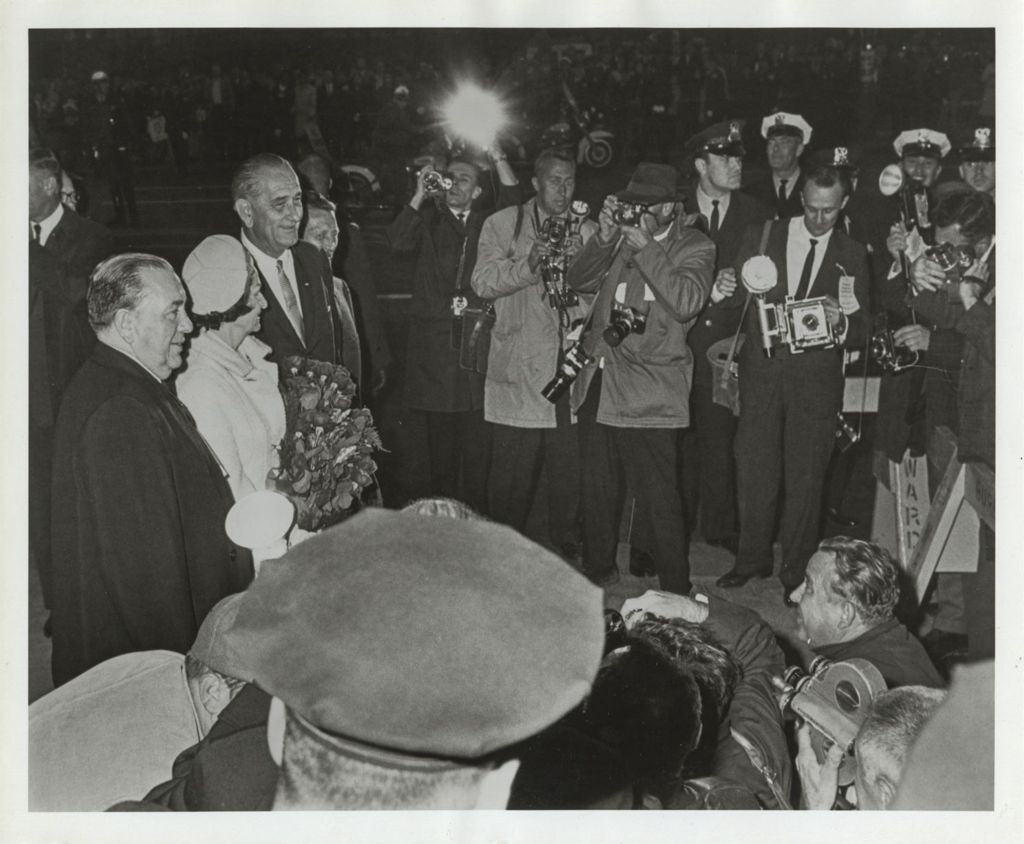Richard J. Daley, Lady Bird Johnson, Lyndon B. Johnson, and Otto Kerner photographed at reception