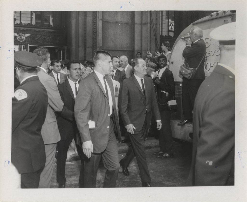 Miniature of Hubert Humphrey and James McDivitt exiting Chicago City Hall