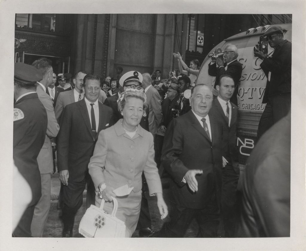 Eleanor Daley, Richard J. Daley and Otto Kerner exiting Chicago City Hall