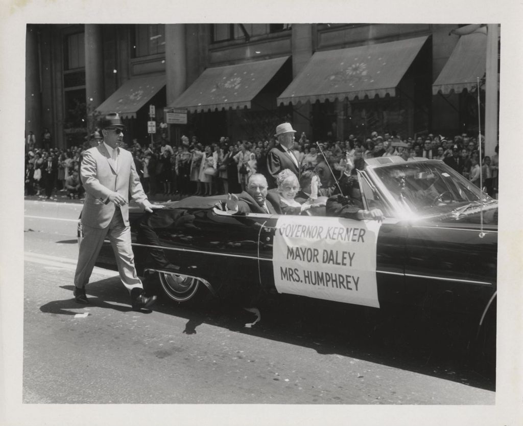 Miniature of Richard J. Daley, Muriel Humphrey, and Otto Kerner in parade for astronauts McDIvitt and White