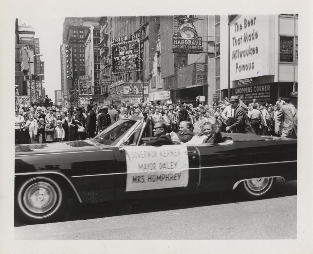 Miniature of Otto Kerner, Richard J. Daley, and Muriel Humphrey in parade for astronauts McDIvitt and White