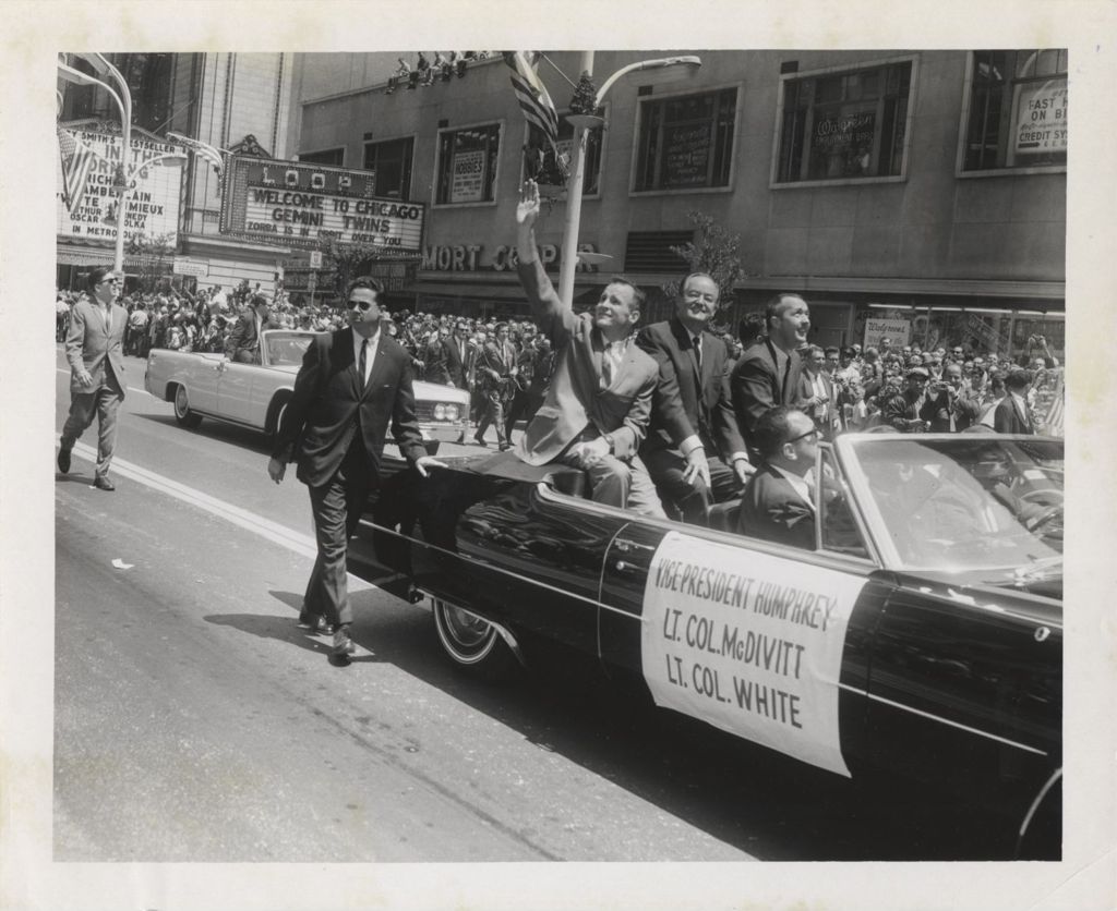 Miniature of Edward H. White, Hubert Humphrey, and James McDivitt in astronauts' parade