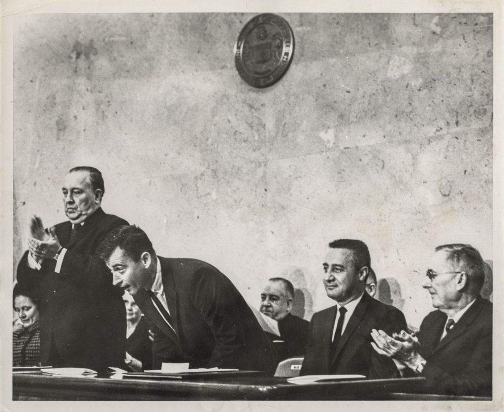 Richard J. Daley with astronauts Young and Grissom at a special City Council meeting