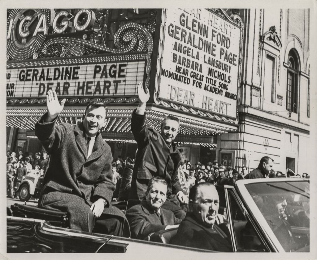 Astronauts John Young and Gus Grissom in parade with Otto Kerner and Richard J. Daley