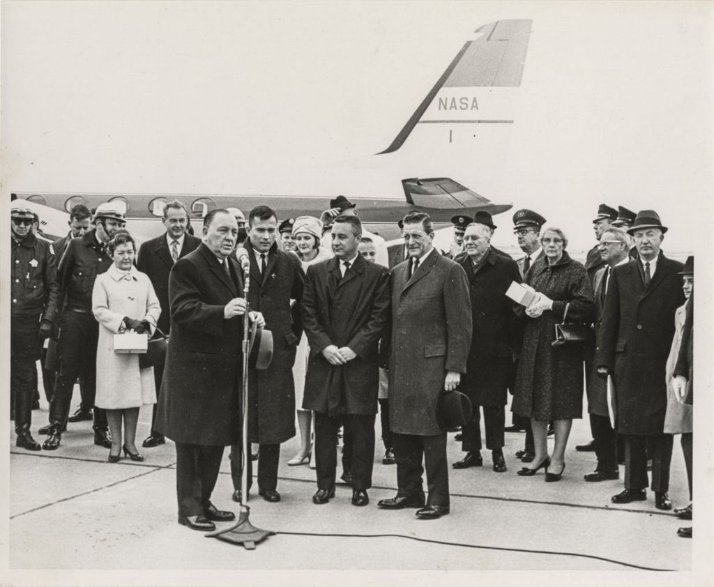 Richard J. Daley and Otto Kerner greet astronauts John Young and Gus Grissom at the O'Hare airport