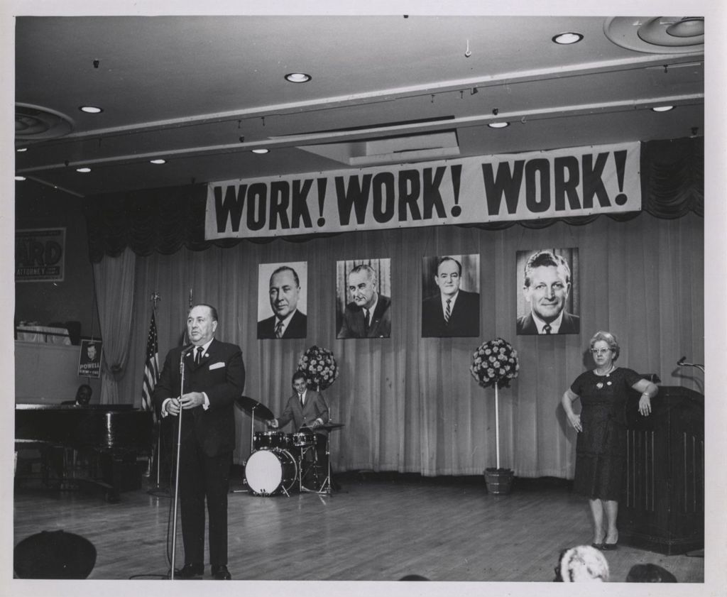 Miniature of Richard J. Daley speaking in front of a "Work! Work! Work!" banner