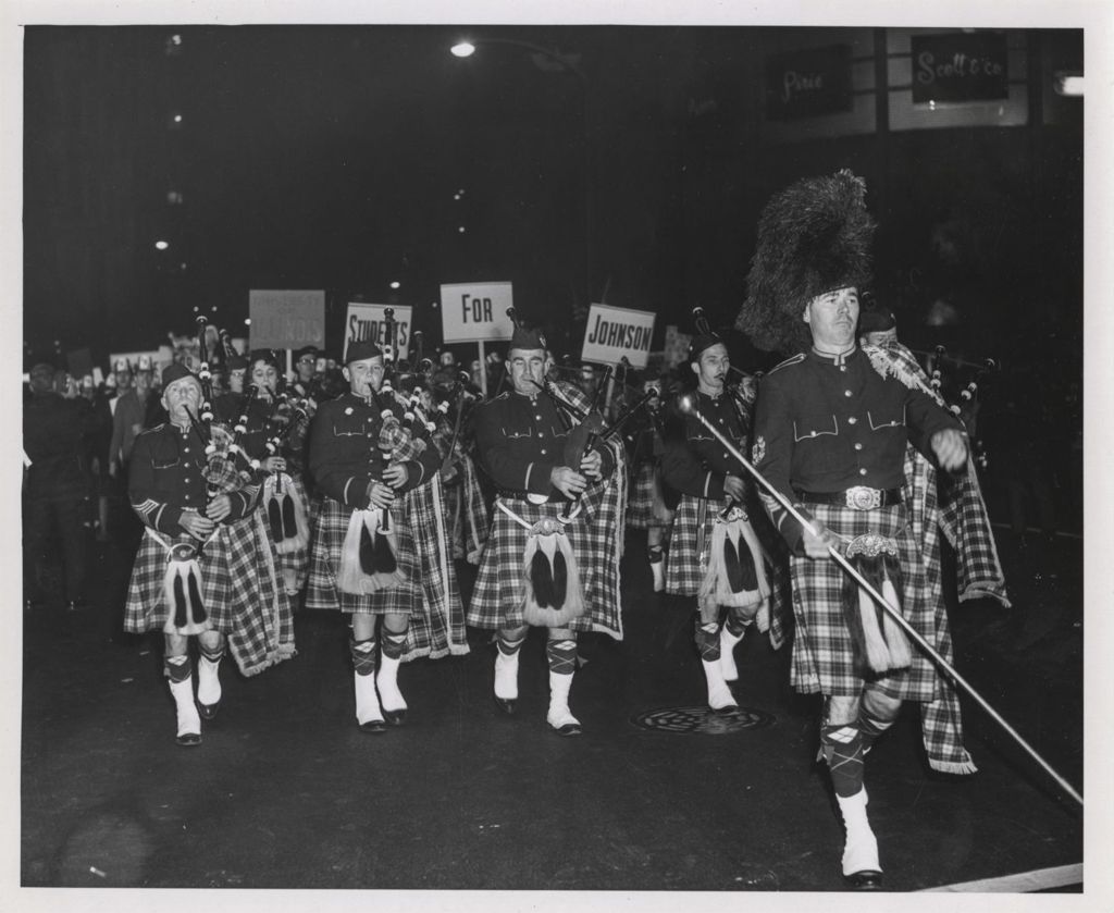 Miniature of Bagpipe band and students parading in support of Lyndon Johnson