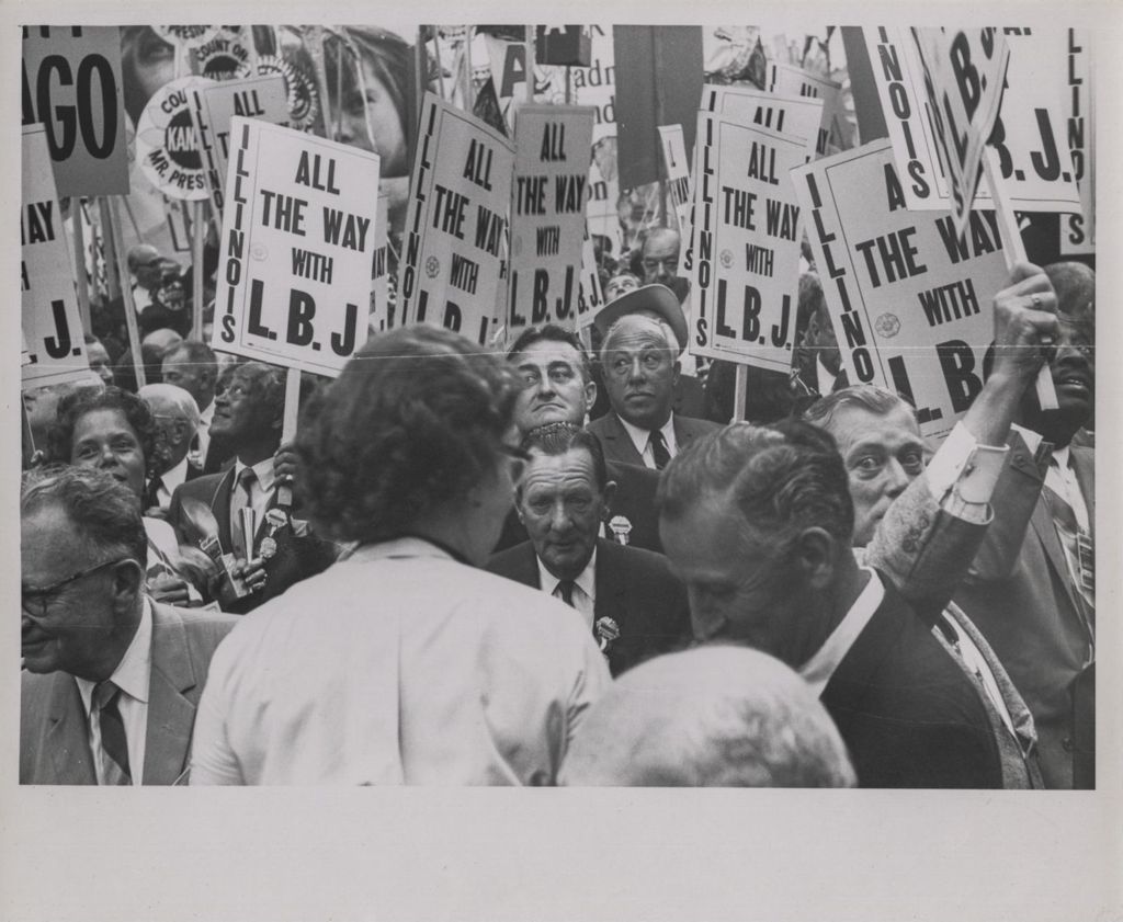 Crowd at Democratic National Convention with LBJ placards